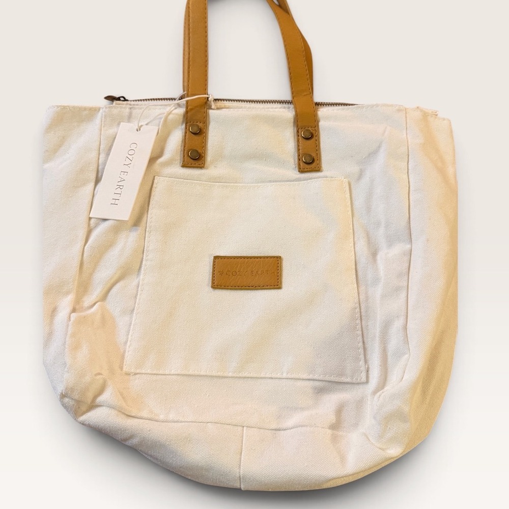 Cozy Earth White Canvas Tote Bag Tan Faux Leather Trim Zip Top Travel Handbag